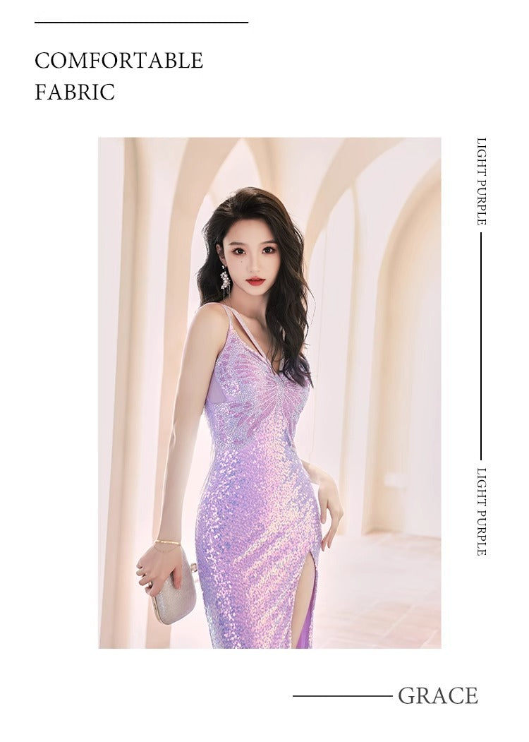 Robe de soirée pailletée Automne et hiver Violet Français Style Banquet haut de gamme