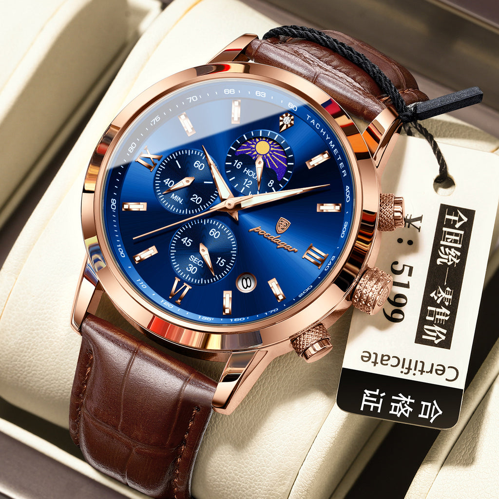 Montre homme avec phase lune et chronographe multifonction