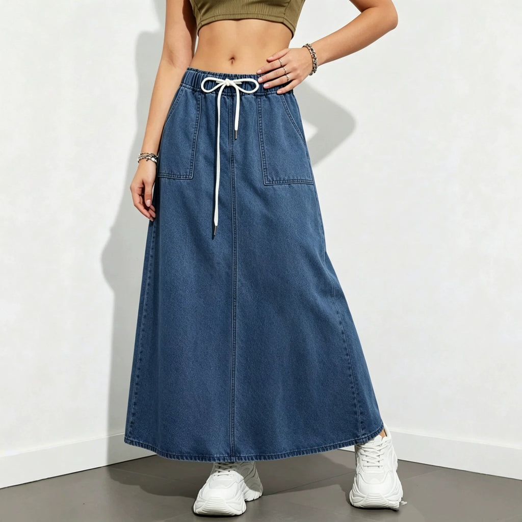 Jupe en Denim à coupe molle pour femmes avec une large taille d'ourlet et élastique