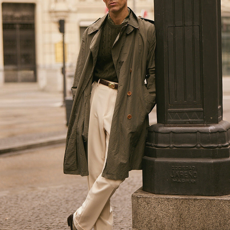 Automne-hiver Hommes mi-longueur Solide-couleur brise-vent avec un collier de lapel
