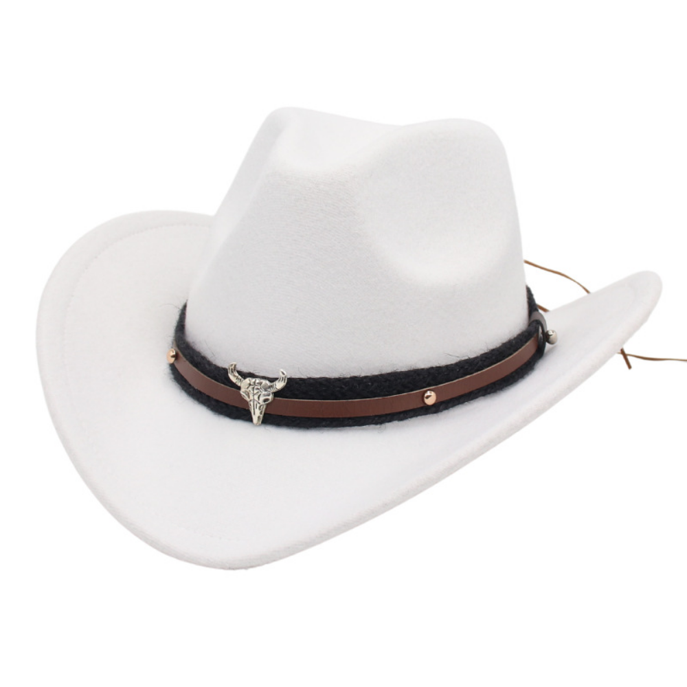 Chapeau américain rétro Western Cowboy - Silver Bull Head Large Brim Felt Chapeau tricoté