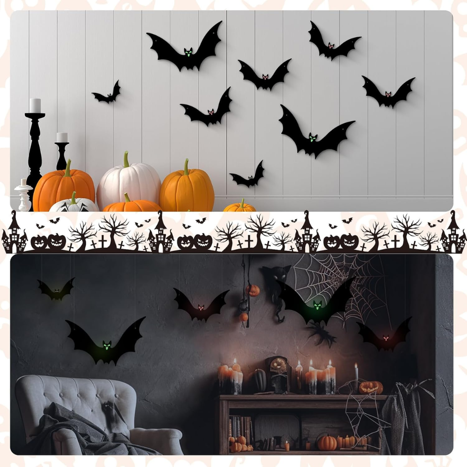 Décorations d'Halloween pour chauve-souris suspendues de 12 paquets 3 tailles assorties - Bat volant résistant aux intempéries