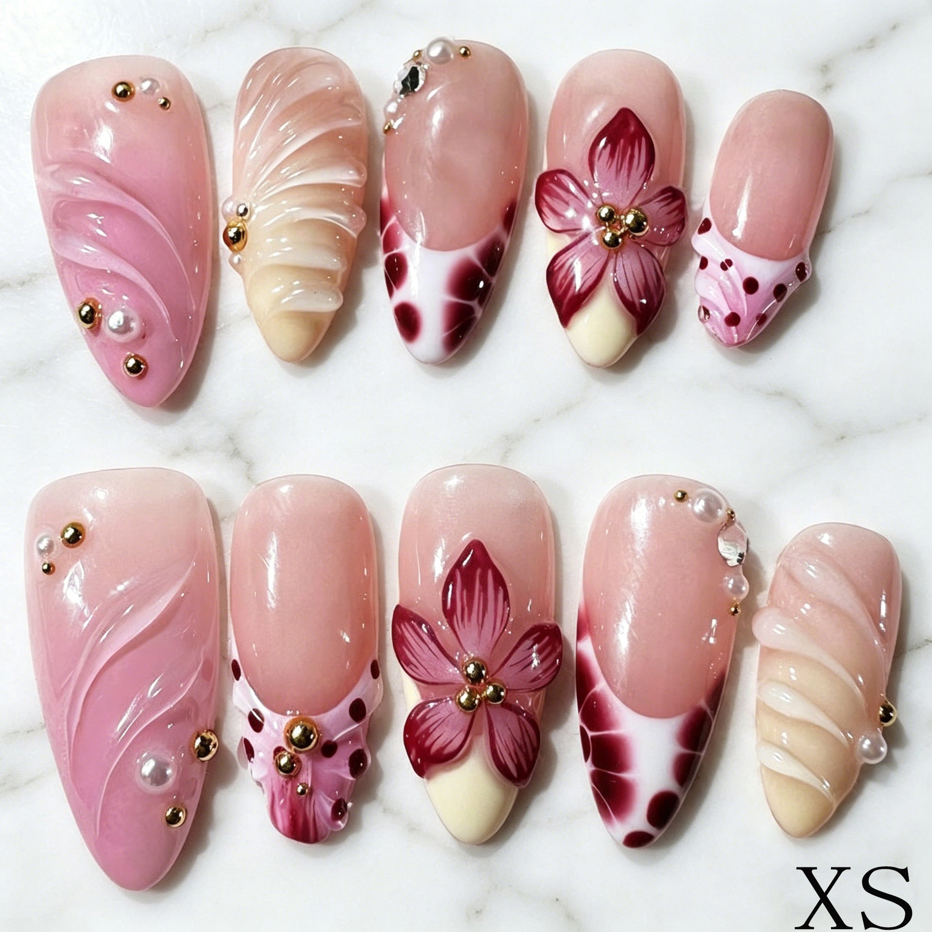 Nu de longueur moyenne Gradient Nails à pression florale tridimensionnels