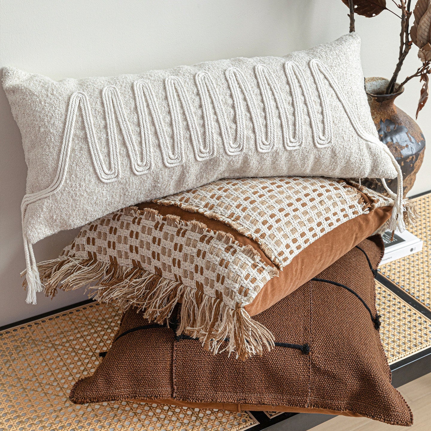 Coton et lin Patchwork lancer oreiller Canapé Coussin de dossier fait main Pad pour Villas