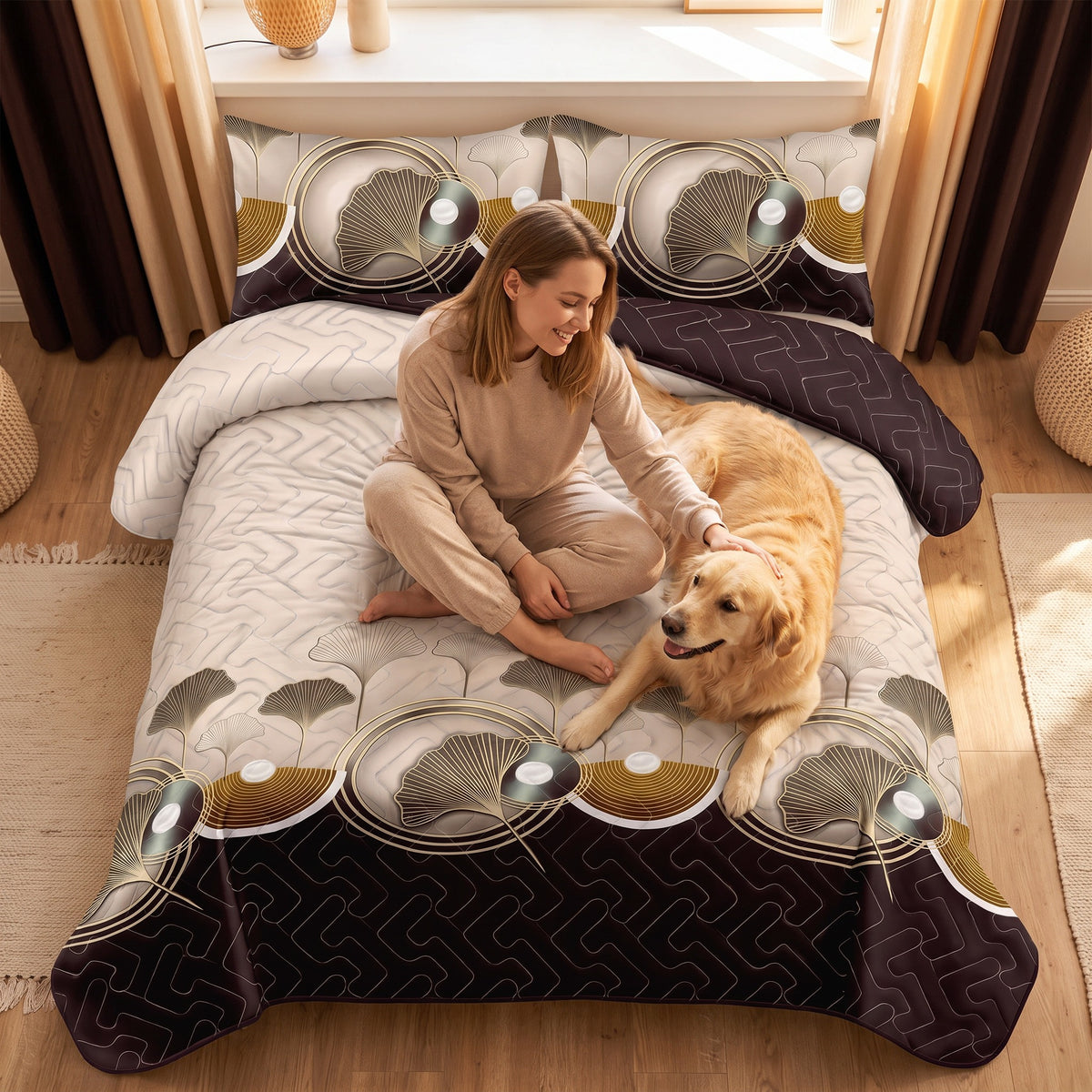 Couche de lit et rideau 9 piece brun et noir Lotus