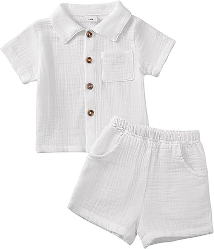 Bébé garçon coton-liné de couleur solide tissu texturé Collier à manches courtes supérieur élastique Wa