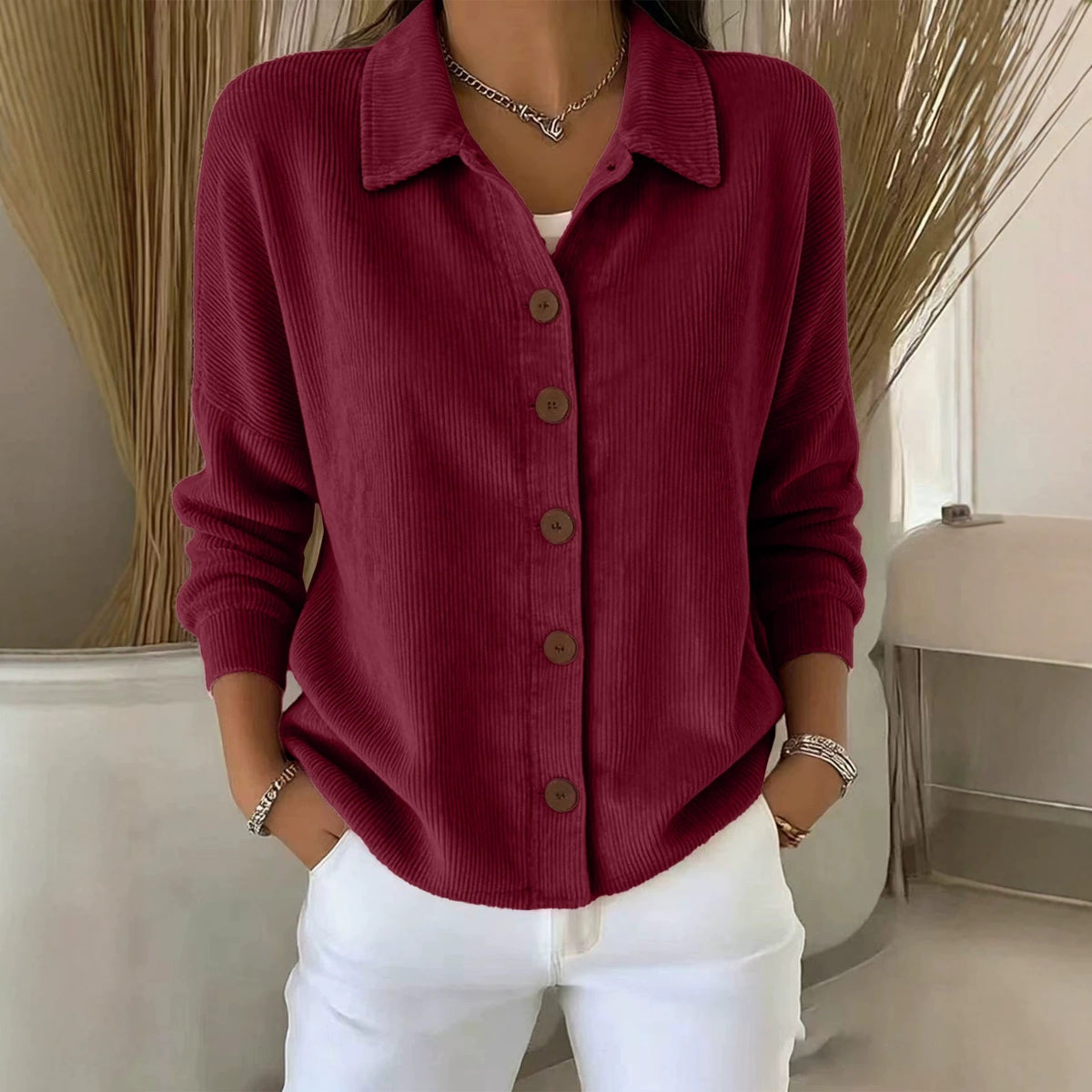 Européen et américain Solid Color Cardigan à manches longues Casual Fashion Button-Up Top Femmes'