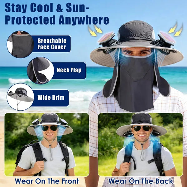 2 En 1 Solar Fan Hat UPF50 & Sun Hat avec des ventilateurs large Brim Chapeau de pêche avec couvercle de visage