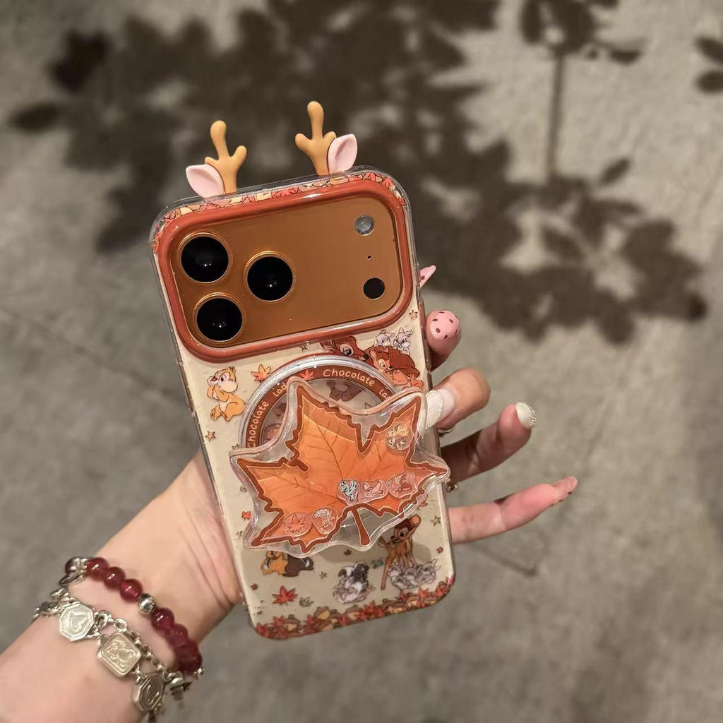 Mignon 3D Deer-Ear étui de téléphone magnétique Maple-Leaf