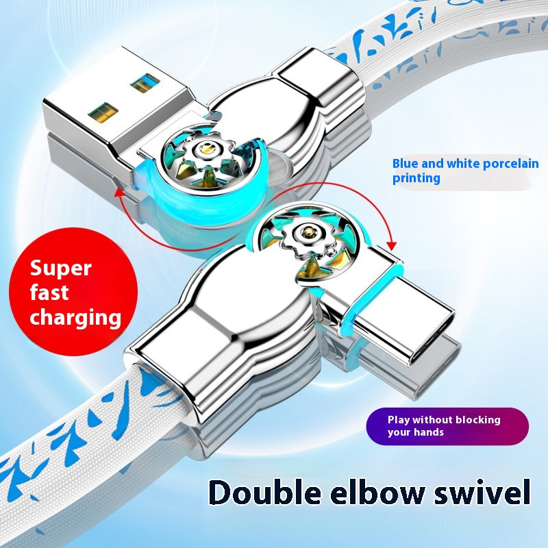 Double câble de données à charge rapide en porcelaine bleue rotative et blanche