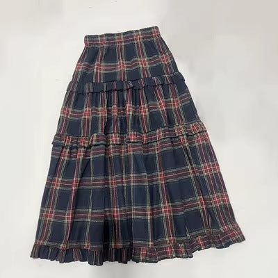 Omens Plaid Plissé Flunce-waist Élastique-waist Casual Élégant jupe Maxi