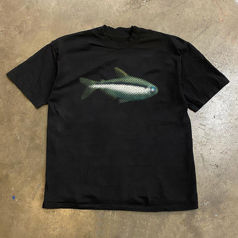 T-shirt à manches courtes surdimensionné avec un petit poisson imprimé unisexe et détendu