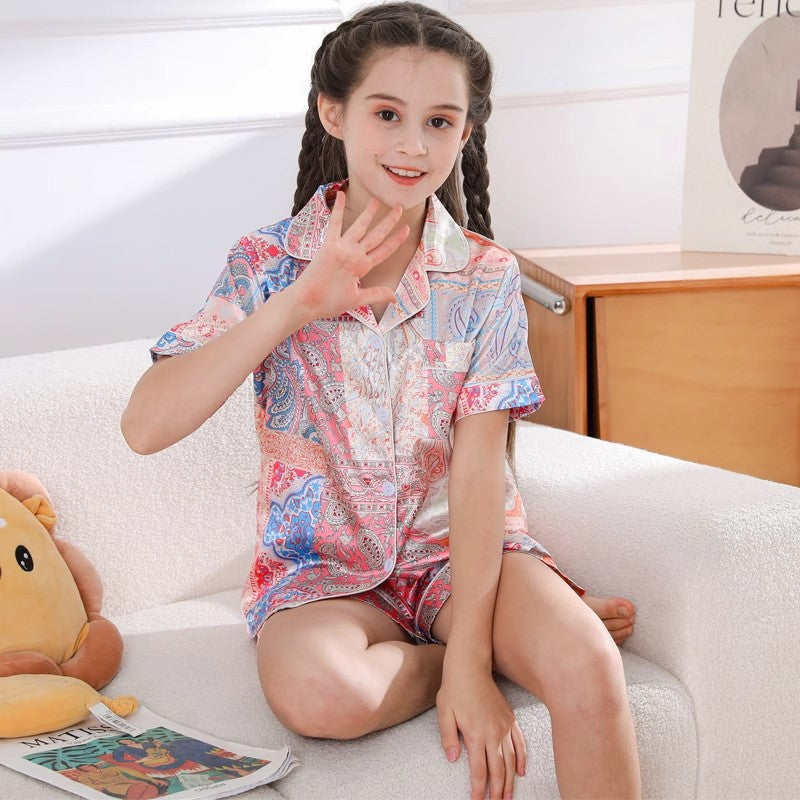 Pyjama de filles Pyjama mince de glace en soie pour enfants Short à manches courtes été