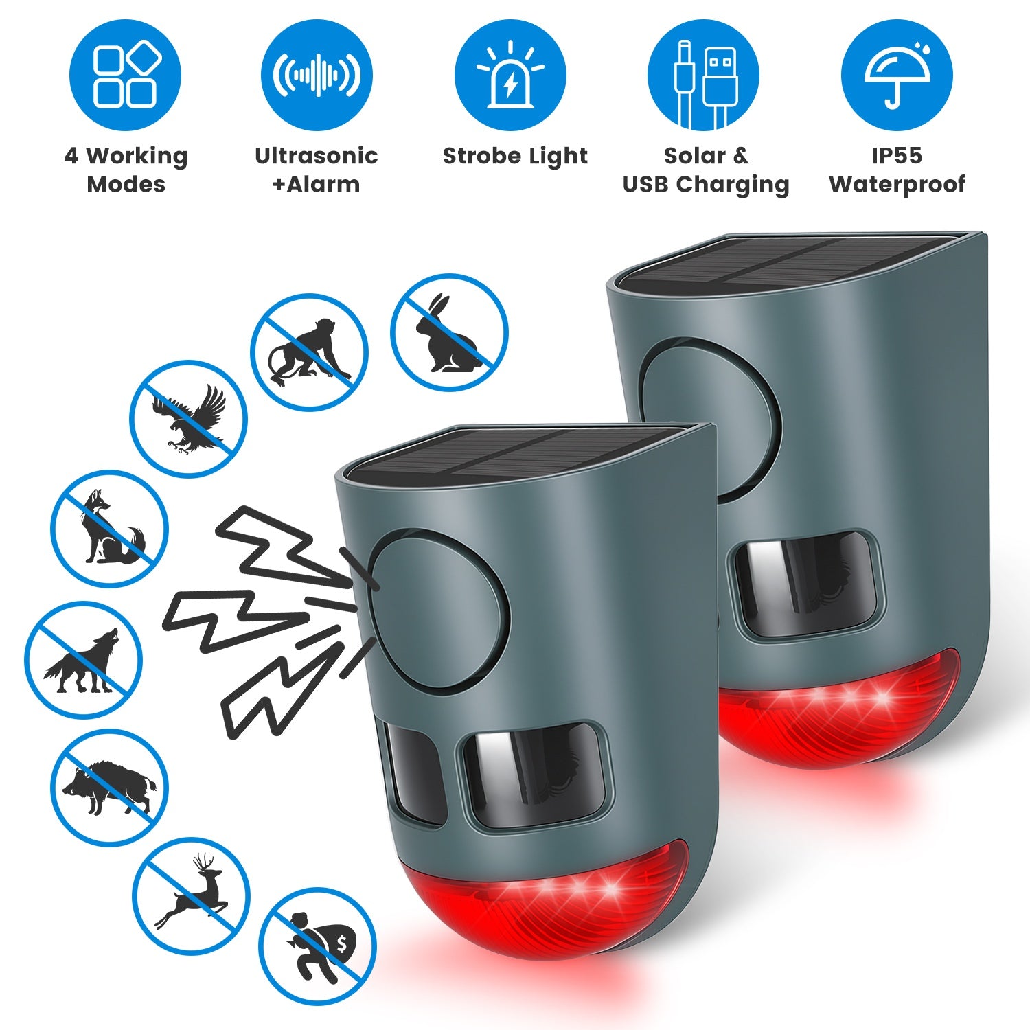 2Pack OU 1Pack Option 3-En-1 Ultrasonic Solar Animal Repeller Motion Actived Animal Repe
