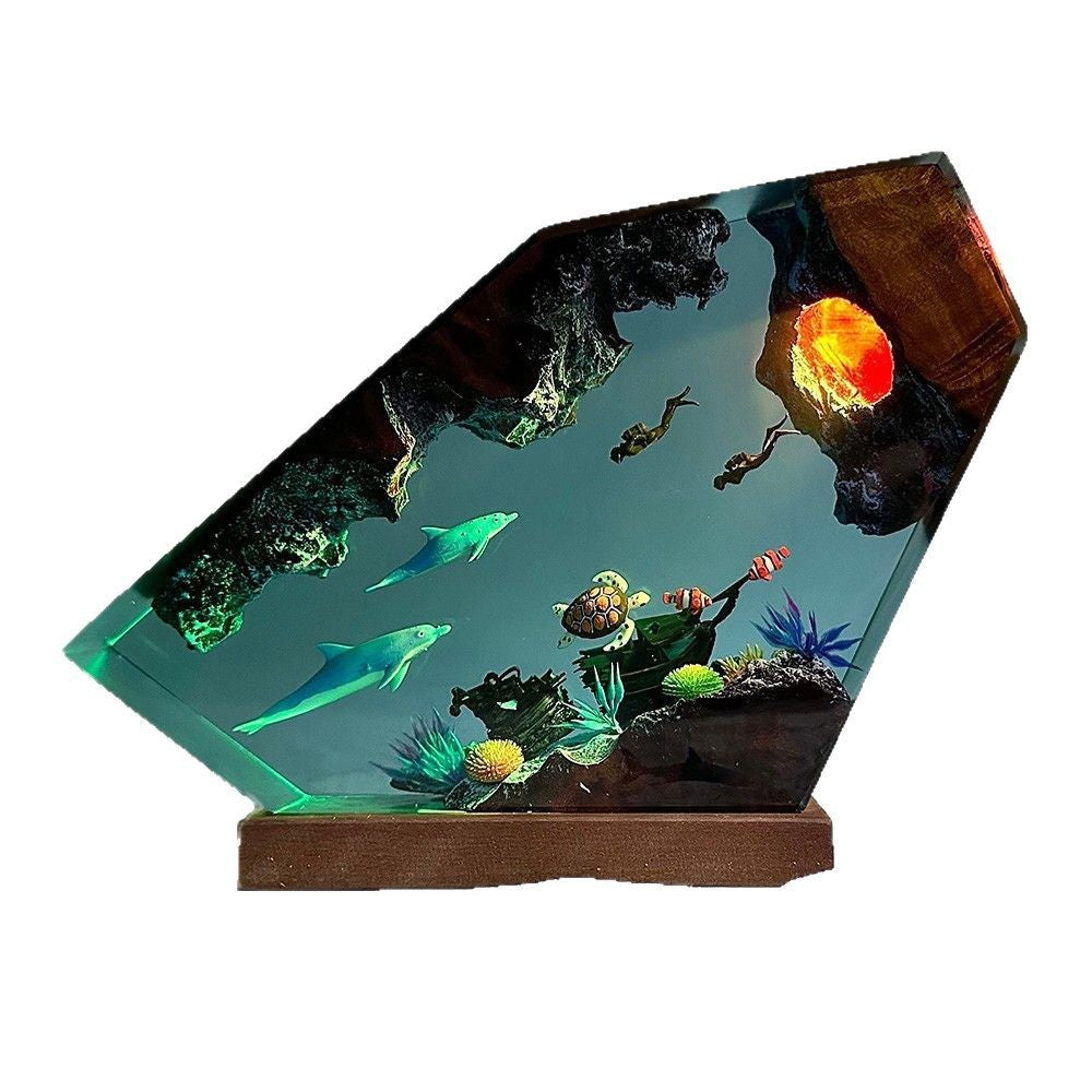 Marine Style Orca Diver Themed Lampe en bois résine Lumière de nuit
