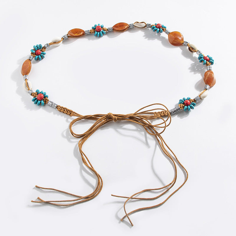 Bohemian style fleur tissée style ethnique fait main perles en bois Ceinture de femmes Loisirs H