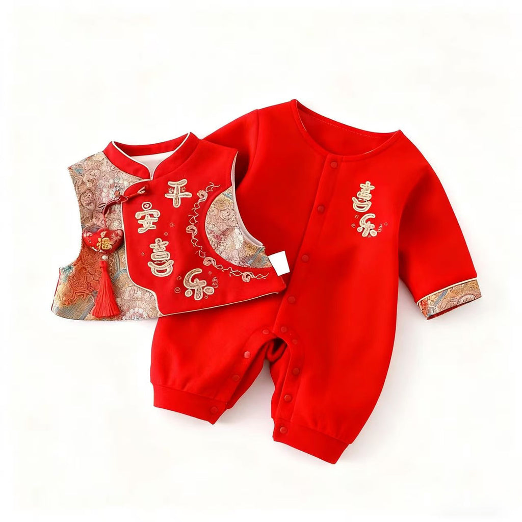 Autumn/Winter Festive Red Fleece-Lined Warm Romper Crawling Suit