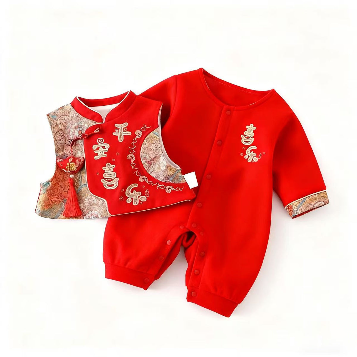 Autumn/Winter Festive Red Fleece-Lined Warm Romper Crawling Suit