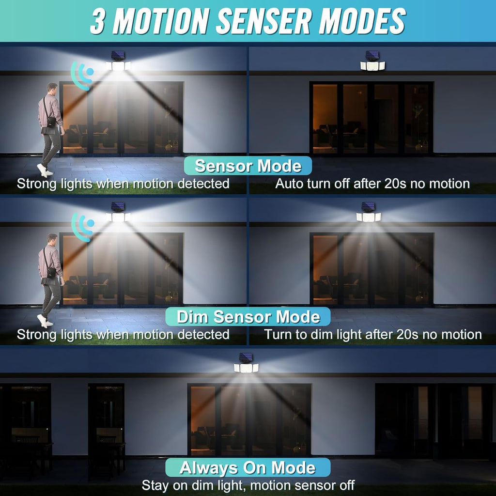 1,2 Pack Solar Lights Outdoor 348 LED Motion Sensor Lights With Remote Control 3 Head Wate