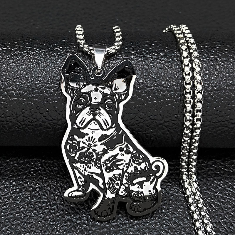 Collier pendentif bulldog français mignon en acier inoxydable à huile noire pour les femmes