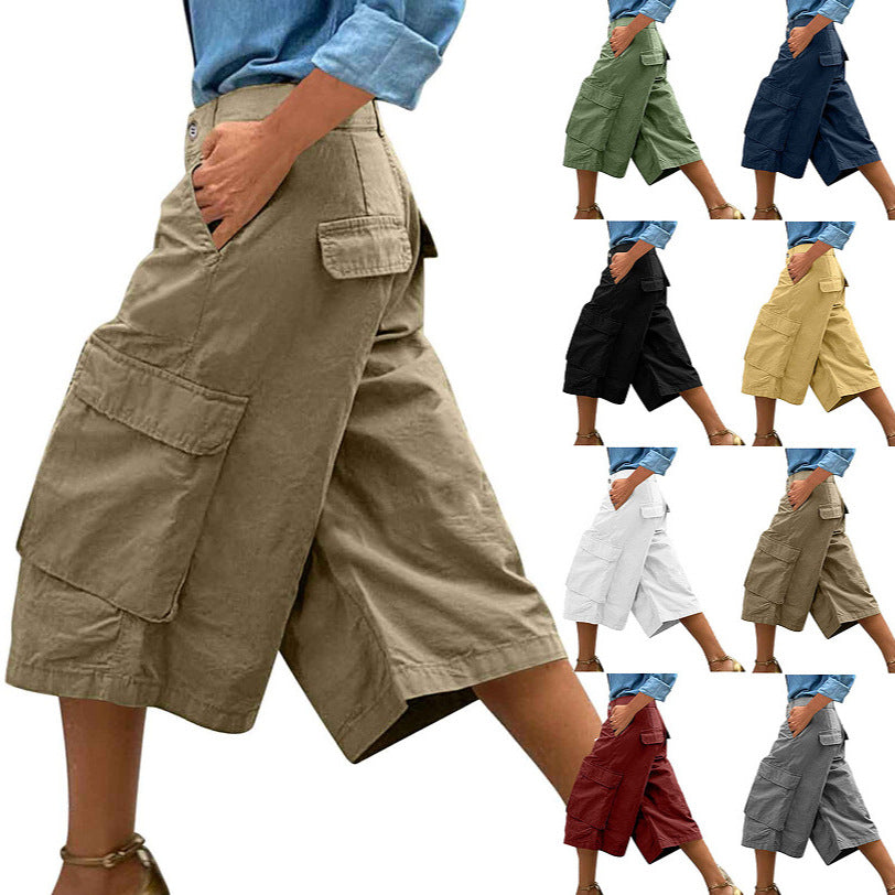 Femmes Cargo Capri Pantalons Multi Pocket High Waist Loose Large Jambe Cropped Pantalons Summer Cas