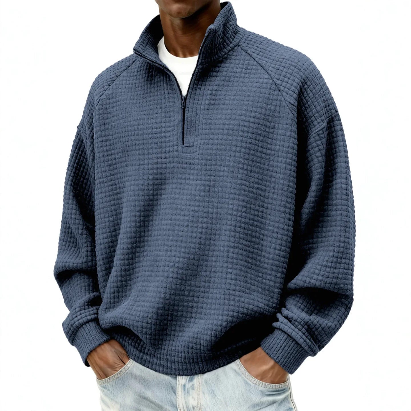 Rétro zippé petit chèque Casual Stand-collar Hommes manches longues