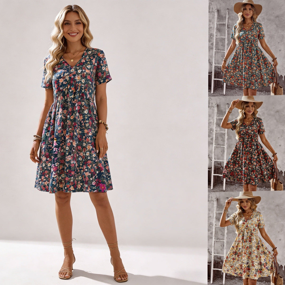Summer Arrival Boho Floral Printed V-Neck Short Sleeve Dress