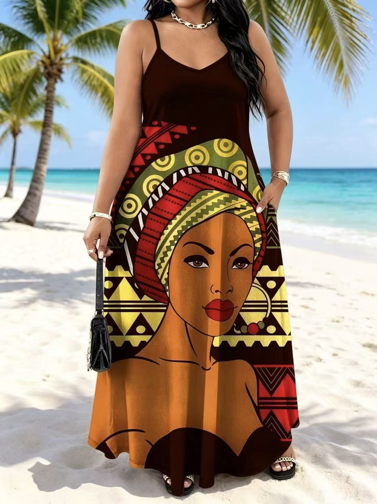 European and American Style Plus-Size Imprimé Robe longue Été Loose Et Confortable V-Ne