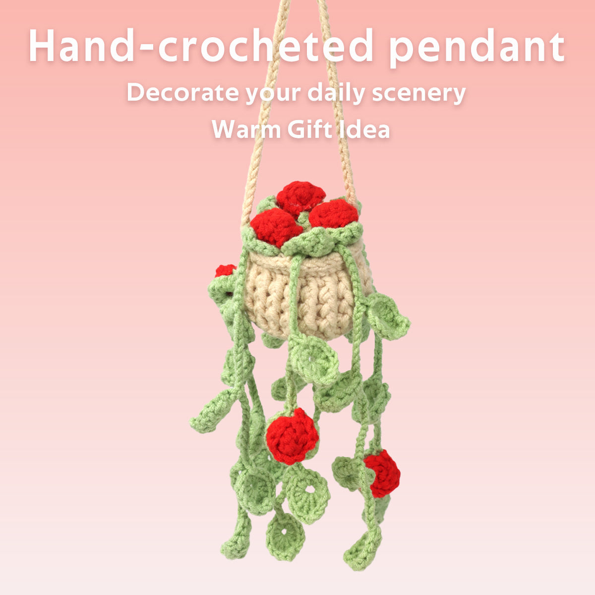 Crochet fait main Trailing Cœur Rouge Bud Vert Vigne Suspension Ornement Potté Fil doux Everl
