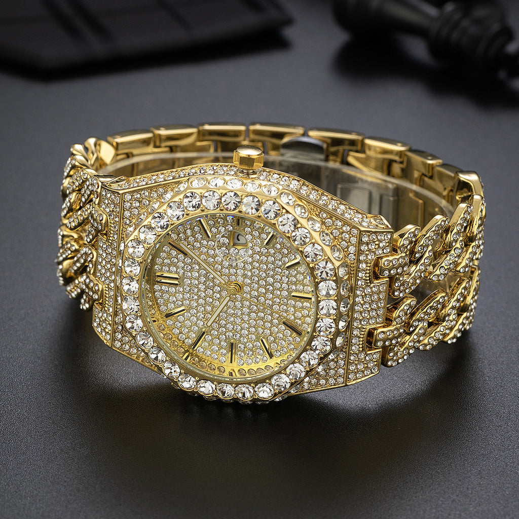 Homme Hip Hop Iced Diamond Mode Cuban Link Chaîne Horloge Quartz