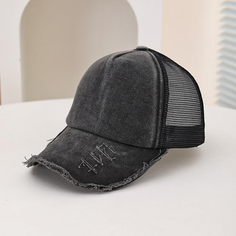 Hommes et femmes style large trou rembourré bord éponge lavé Top Patchwork Mesh Trucker Cap