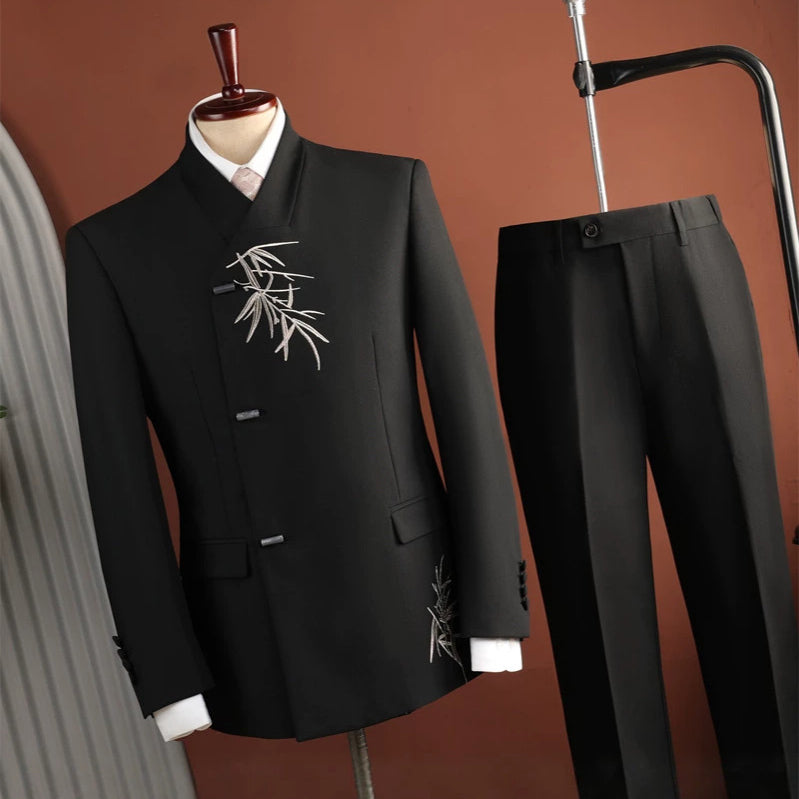 Ensemble de broderie de feuille de bambou de style chinois pour hommes