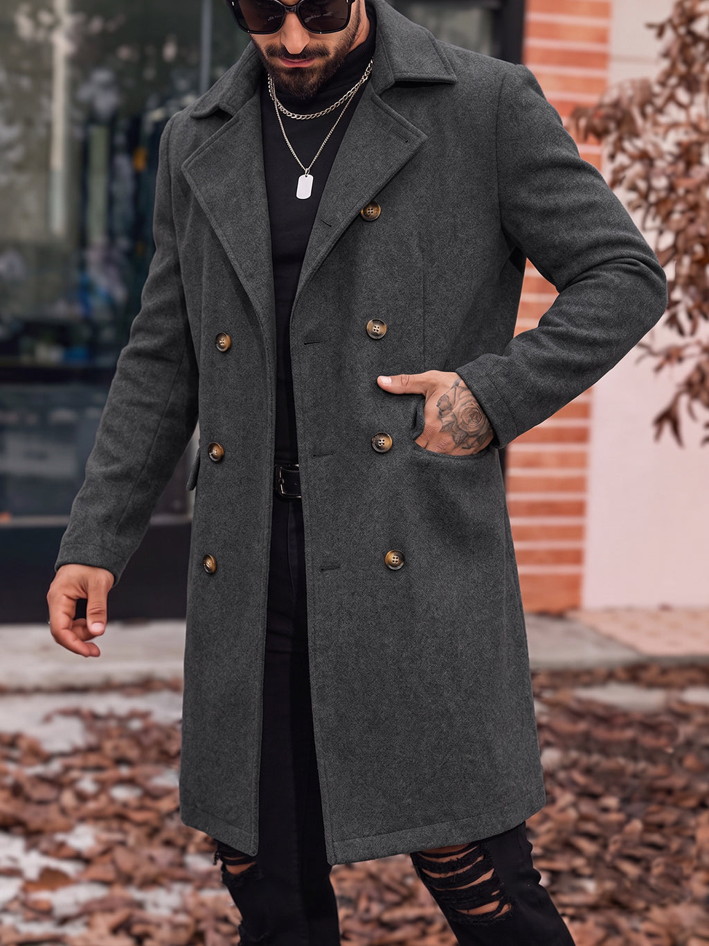 Manteau de tranchée de longueur moyenne en laine pour hommes