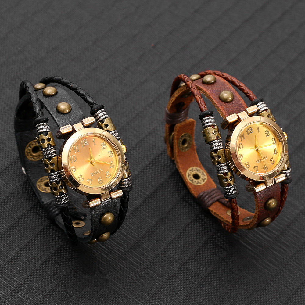 Vintage bracelet en cuir montre pour les femmes multi-couche tressé