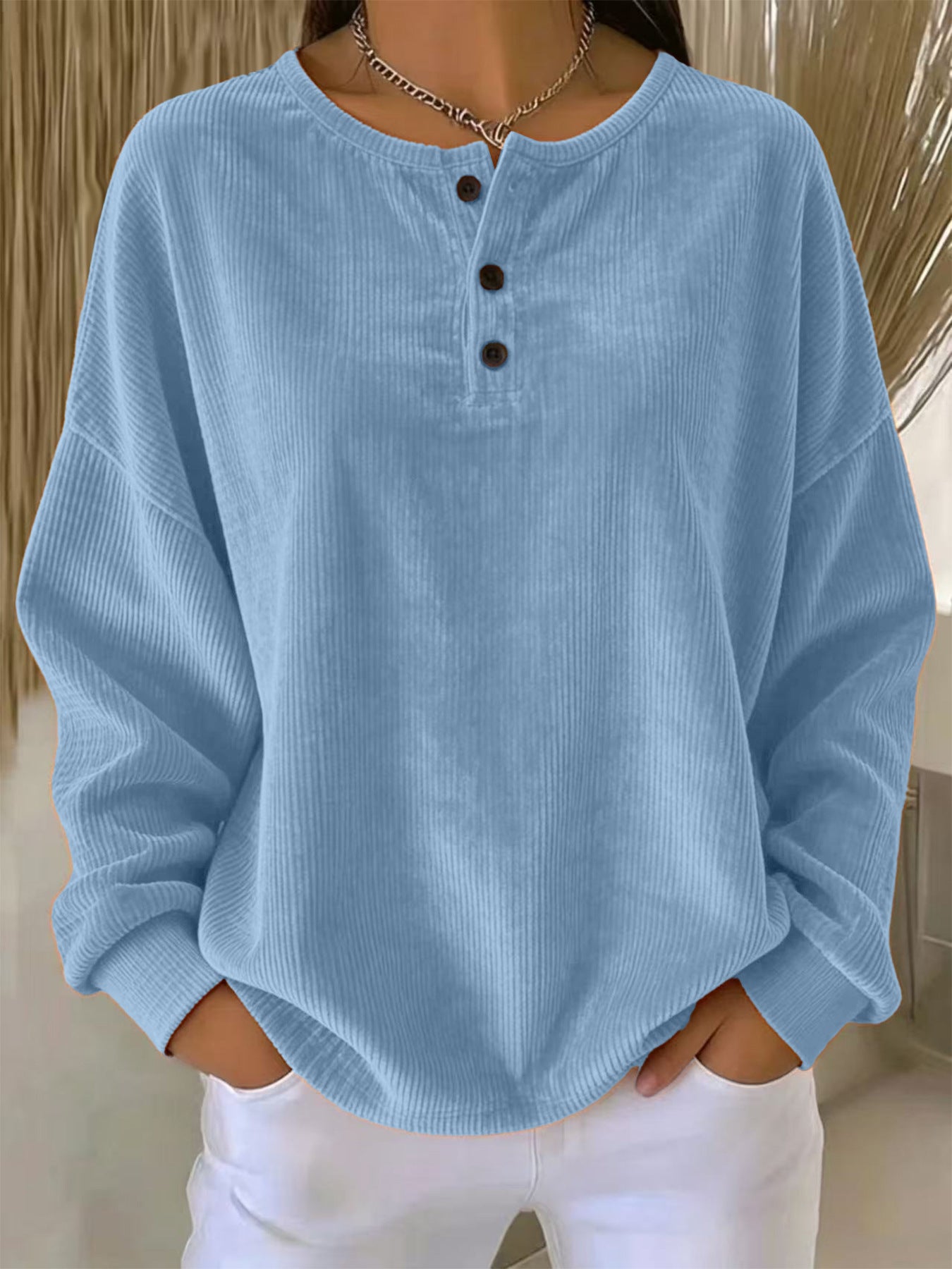Sweat-shirt à boutons en couleur unie pour femmes