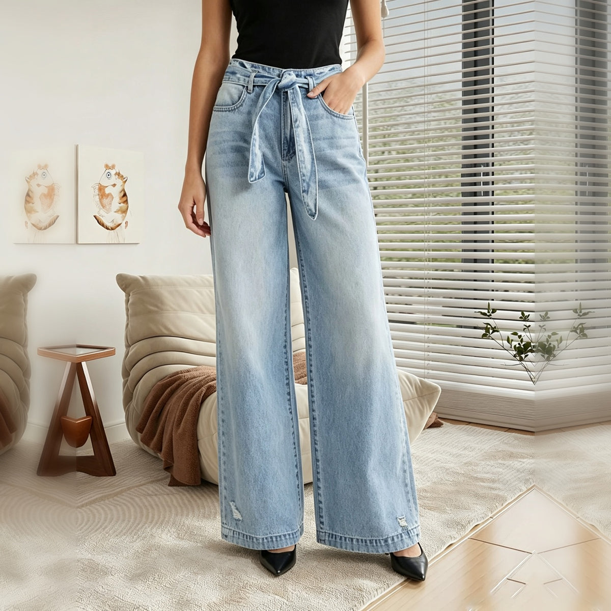 Jeans à jambes larges ceinturés pour femmes