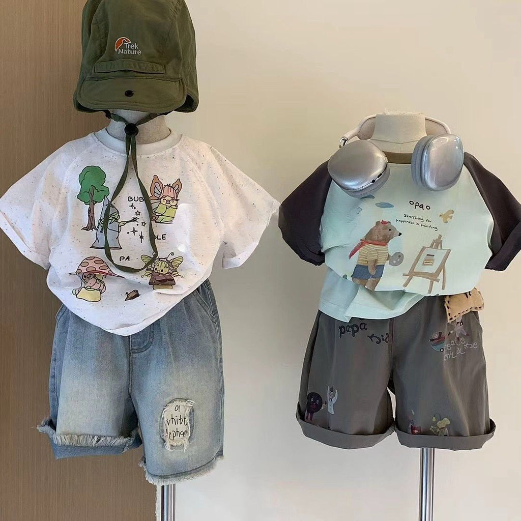 T-shirt dessin animé et short en denim à deux pièces