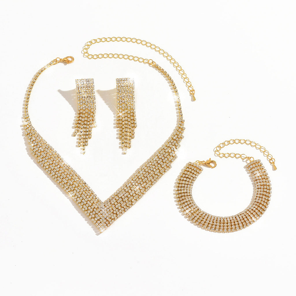 Femmes 3 Pcs Gold Tone V Forme Tassel Strass Set de bijoux