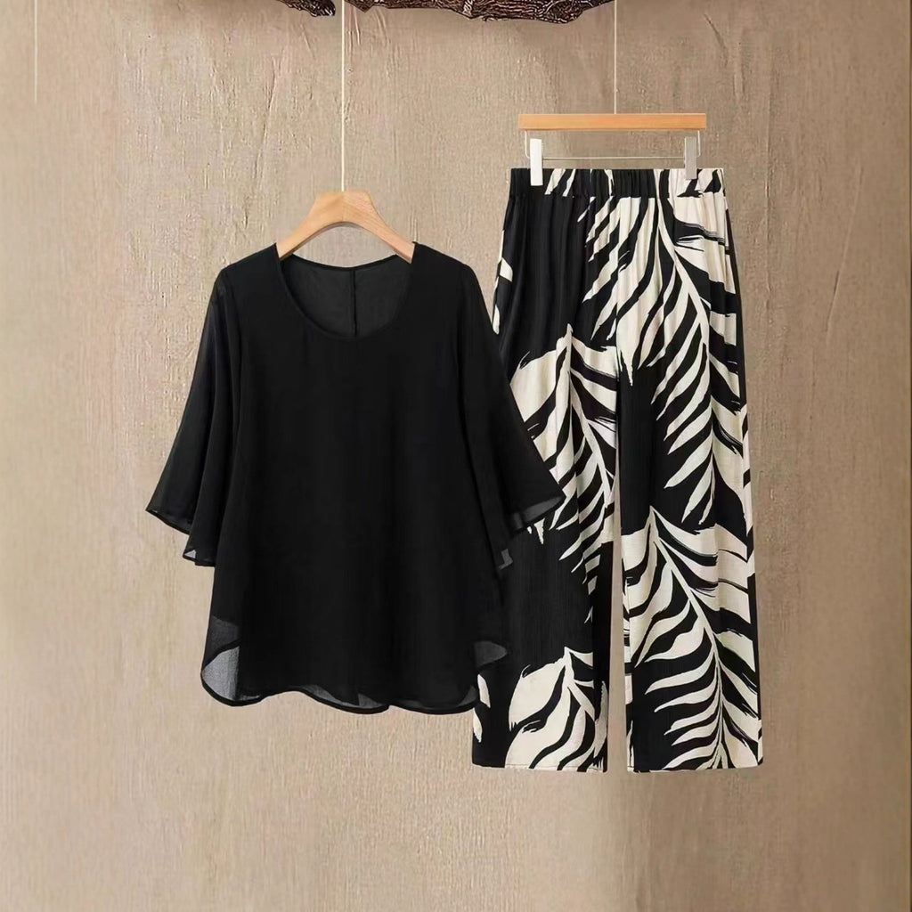 Double-layer printed trouser design with a mousseline top