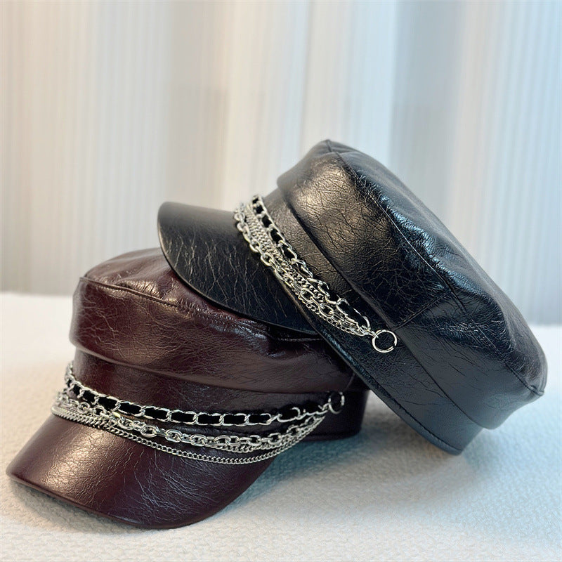 Chaîne en cuir PU pour femmes Décorée de style tendance Chapeau Newboy