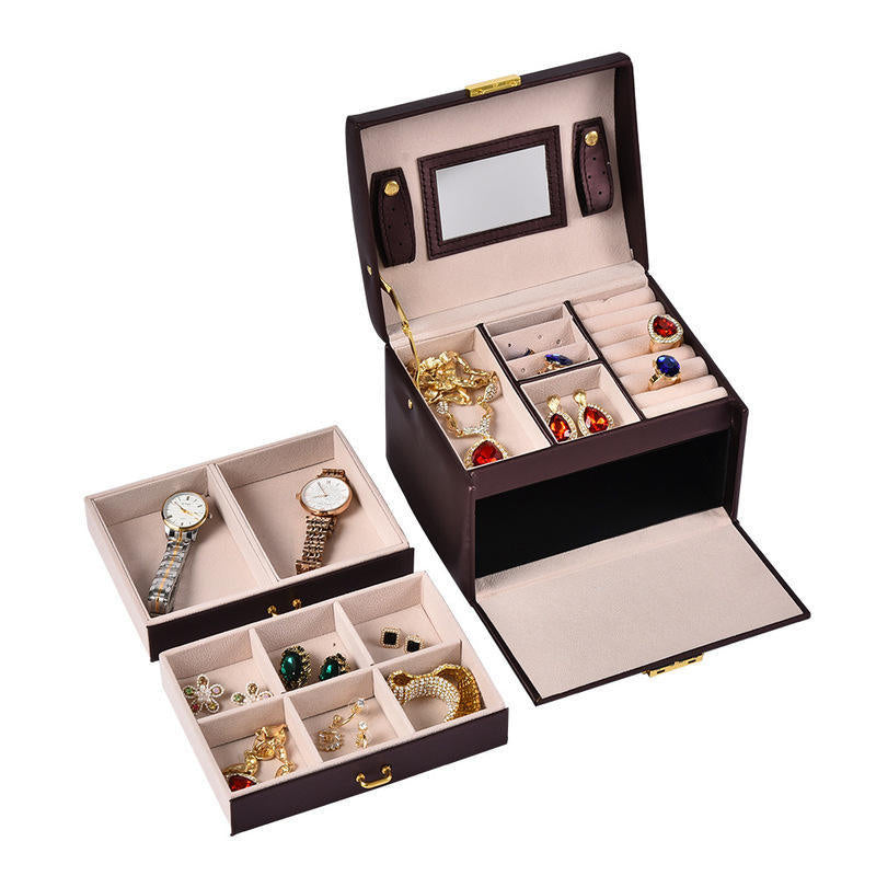 Boîte à bijoux en cuir portable à trois couches
