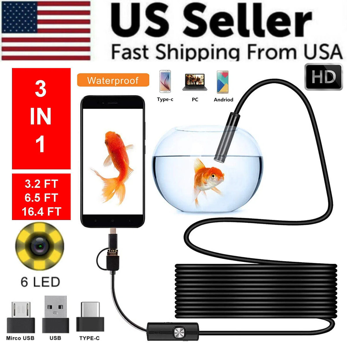 5M 6LED Snake Endoscope Borescope 8mm Inspection Camera USB Scope for Android