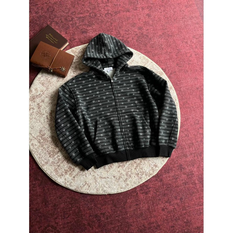 Style américain Vintage Étoile-imprimé rayé Cardigan Hoodie Hommes Veste