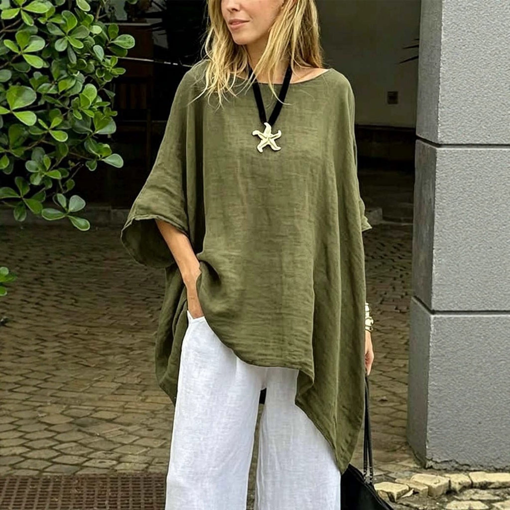 European and American Women's Clothing Summer Amazon Solid Color Loose Round Neck Cotton-l
