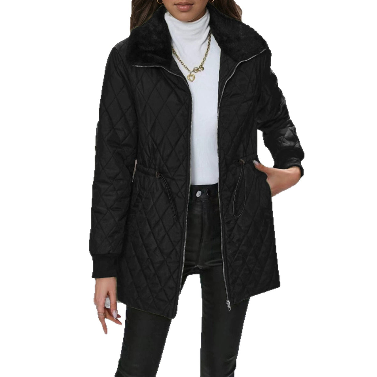 Diamond Quilted Pattern Integrated Drawstring Thick Fleece Lapel Mid-length Cotton