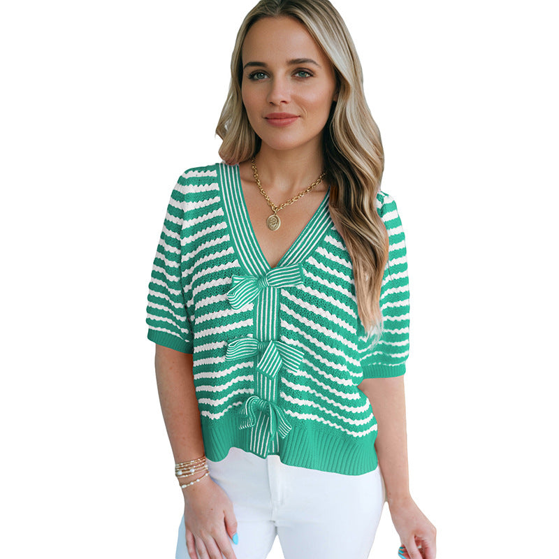 Femmes Pullover Col V Chandail à manches courtes