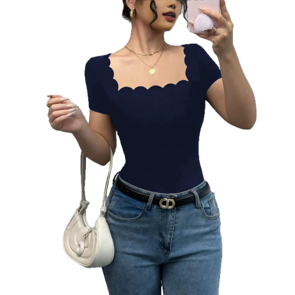 Square-neck short-sleeved top, French style