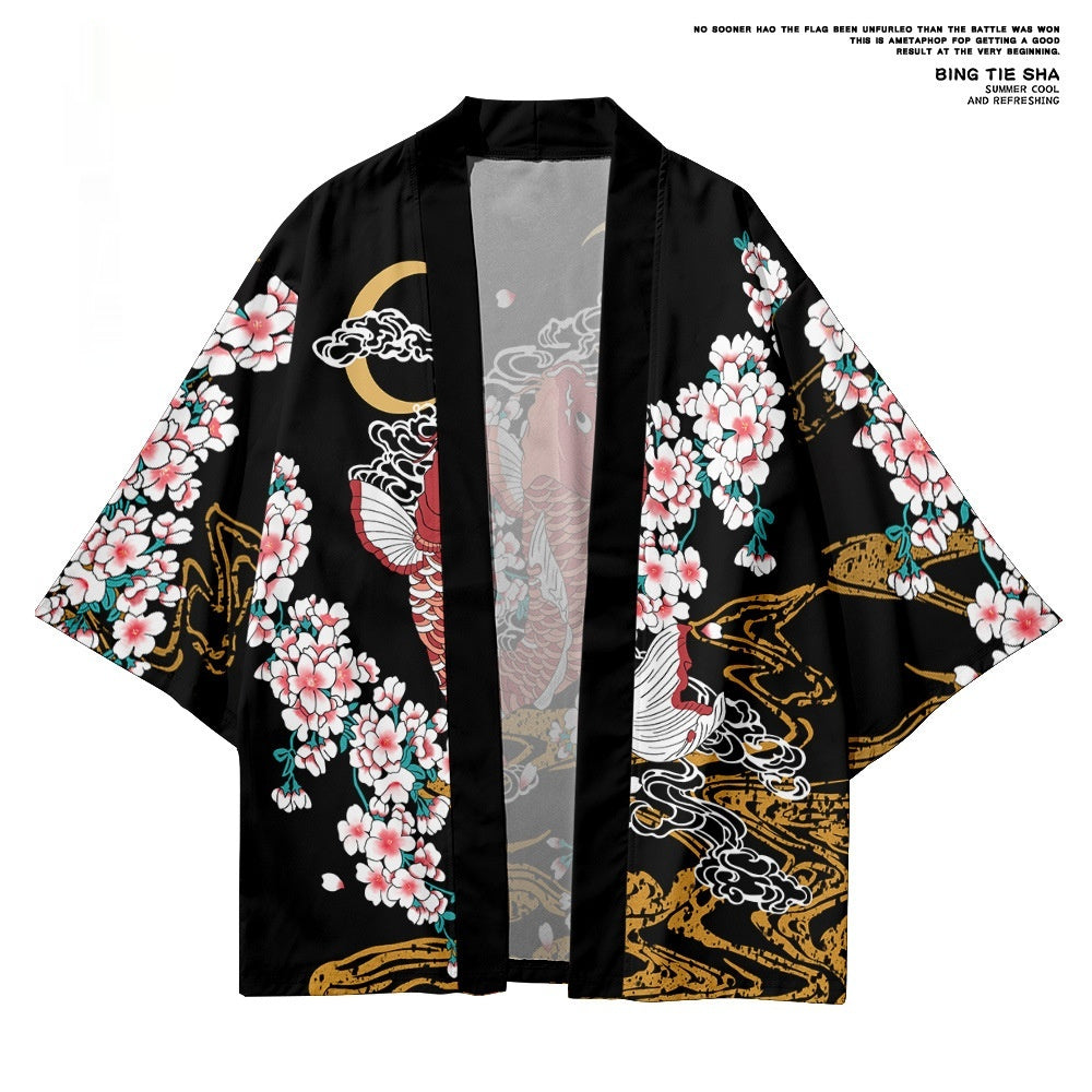 Koi Numérique Impression Japonaise Harajuku Kimono Robe Cloak Cropped Pantalons Set
