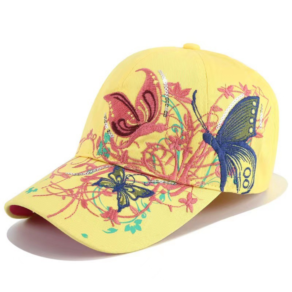 Été femmes broderie fleur et papillon sequin mode tendance chapeau de soleil pour plein air O