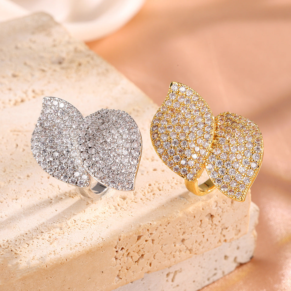 Femmes Double feuille Complet Pavé Cubic Zirconia Anneau réglable